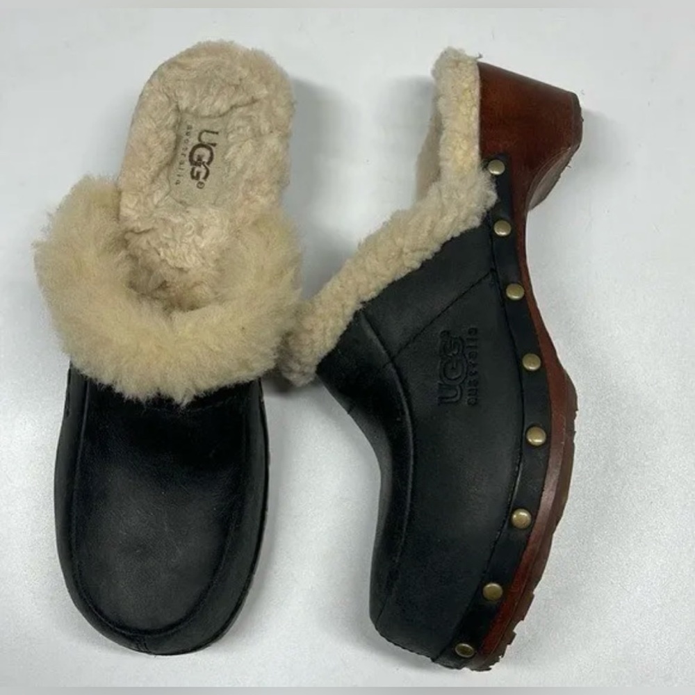 UGG Kalie Leather Sheepskin Heel Clogs Mules S/N 5491 Black Brown-Womens 6